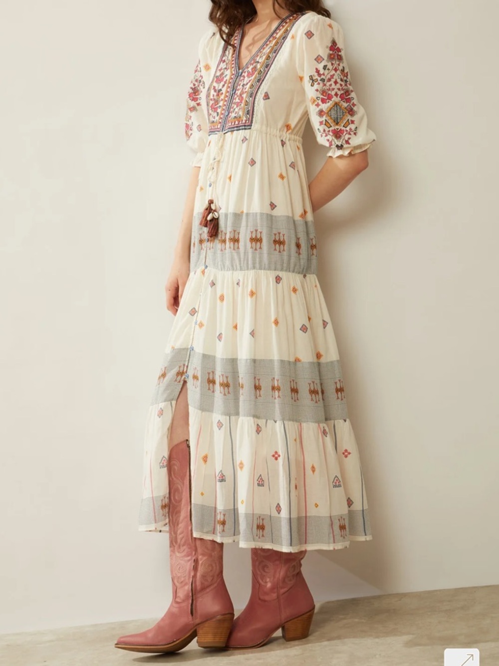 Embroidered Cream Maxi Dress with V-Neck Tassel Tie - Picture 3 of 9
